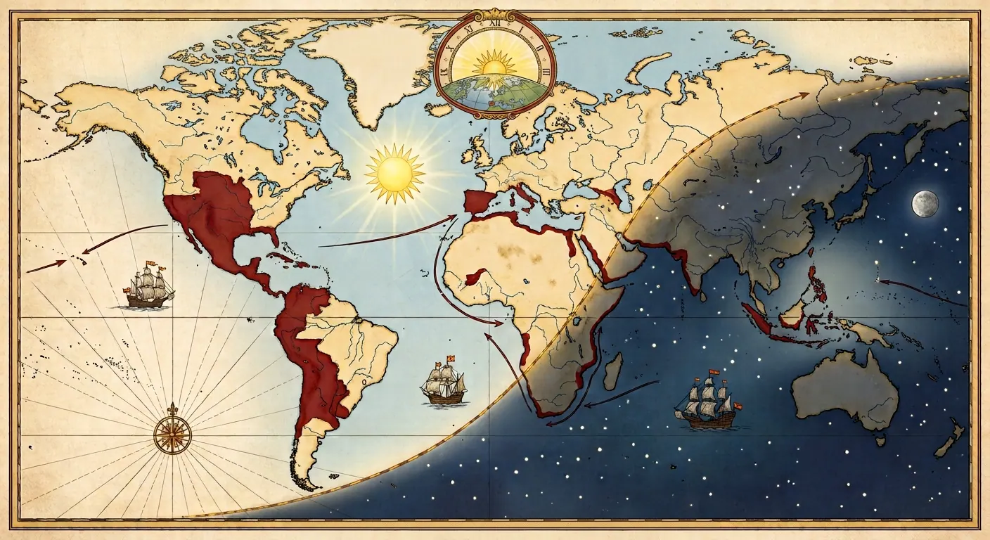 Mapa del Imperio Español representado entre el día y la noche